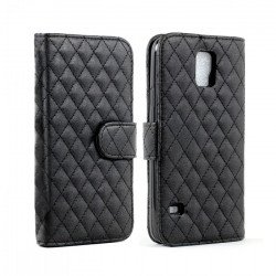 Samsung Galaxy S5 Quilted Flip Leather Wallet Case w Stand (Black)